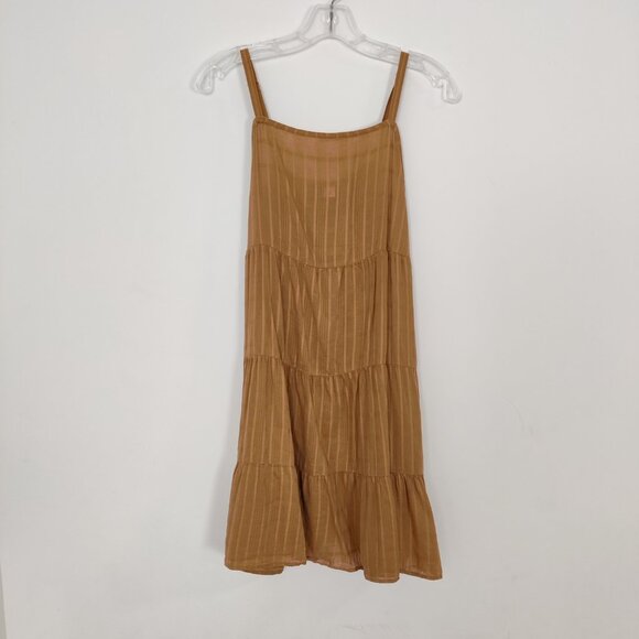 Old Navy Women's Dress Size M Tan Striped Cotton Viscose Tiered Resortwear Beach - Picture 1 of 9